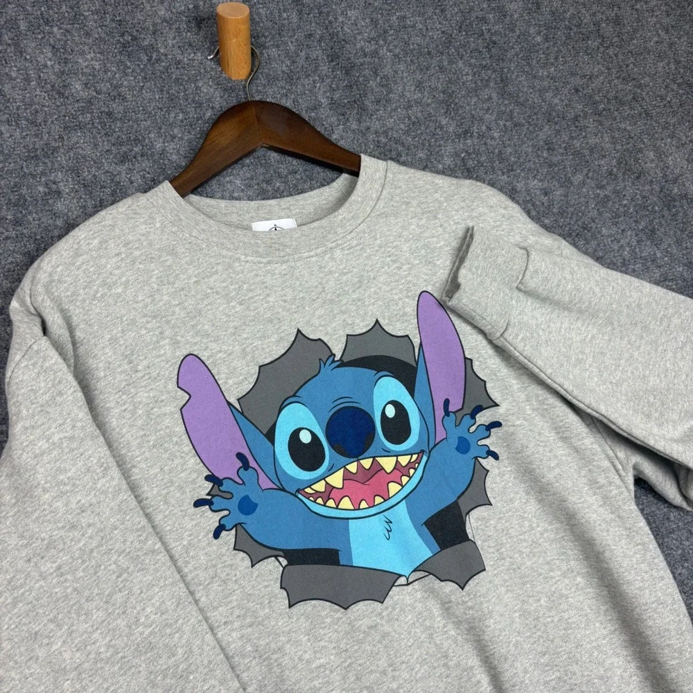 Disney Lilo & Stitch Gray Crewneck Sweatshirt Double Sided Graphic Mens Medium